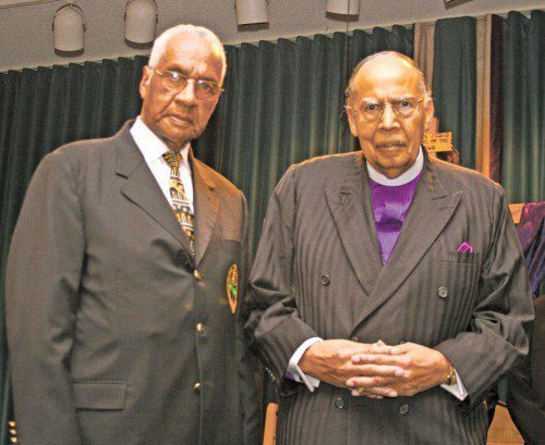 Bishop Mark Henry Blade (left) of the First Jurisdiction of the Indiana Church of God in Christ (COGIC) and Bishop James E. Tyson of the Fourth Episcopal Diocese of the Pentecostal Assemblies of the World (PAW), join for a photo. The two top ranking Pentecostal leaders in Indiana came together for the pre-Pentecostal Historical 2010 Celebration of Azusa at Cathedral of Praise Church of God in Christ.