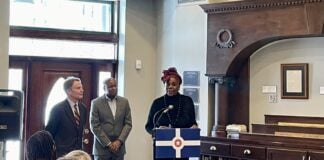 Claudia Polley, founder and president of Urban Legacy Land Initiative, spoke about the Indiana Avenue Certified Strategic Plan during a press conference at the Kurt Vonnegut Museum and Library Feb. 24.