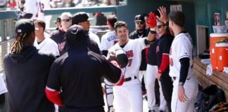 INDIANAPOLIS, IN - APRIL 02: Indianapolis Indians infielder Nick Gonzales (7) gets high fives after hitting his home run during a MiLB game between the Omaha Storm Chasers and the Indianapolis Indians on April 02, 2023 at Victory Field in Indianapolis, IN.(Photo by Jeff Brown/Indianapolis Recorder)