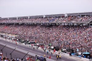 An aerial shot of the 300,000+ fans during the 107th running of the Indianapolis 500 on May 28, 2023. (Photo/David Dixon)