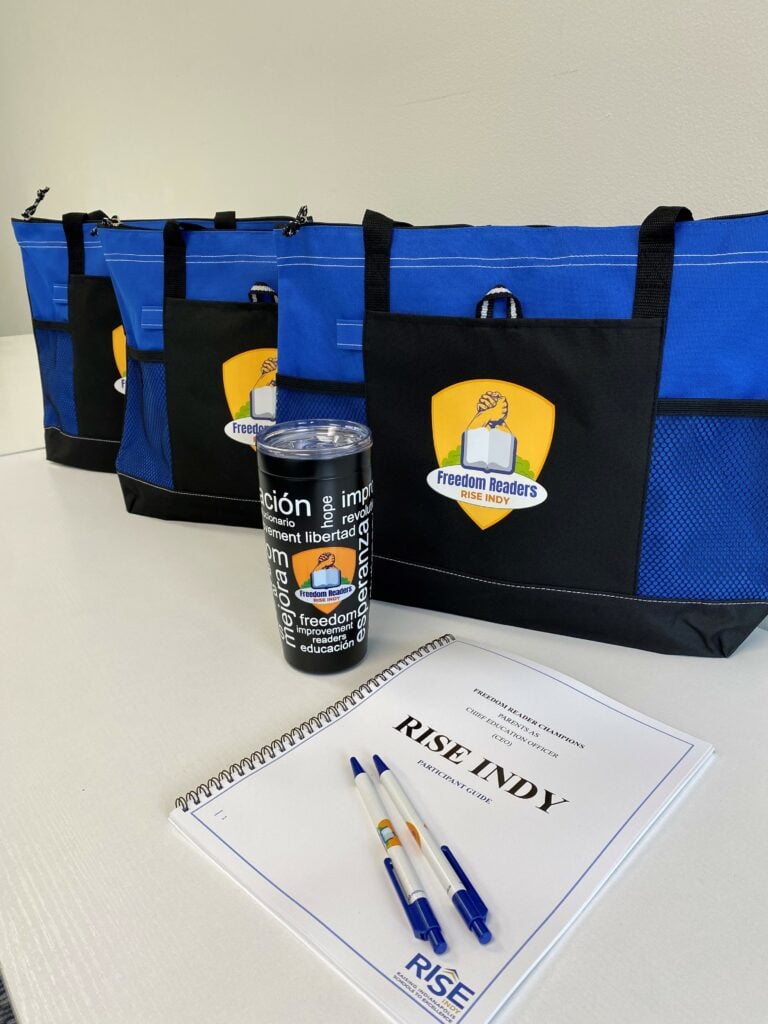 RISE INDY prepared 252 tote bags for parents in the community as part of its new Freedom Readers Champion program.