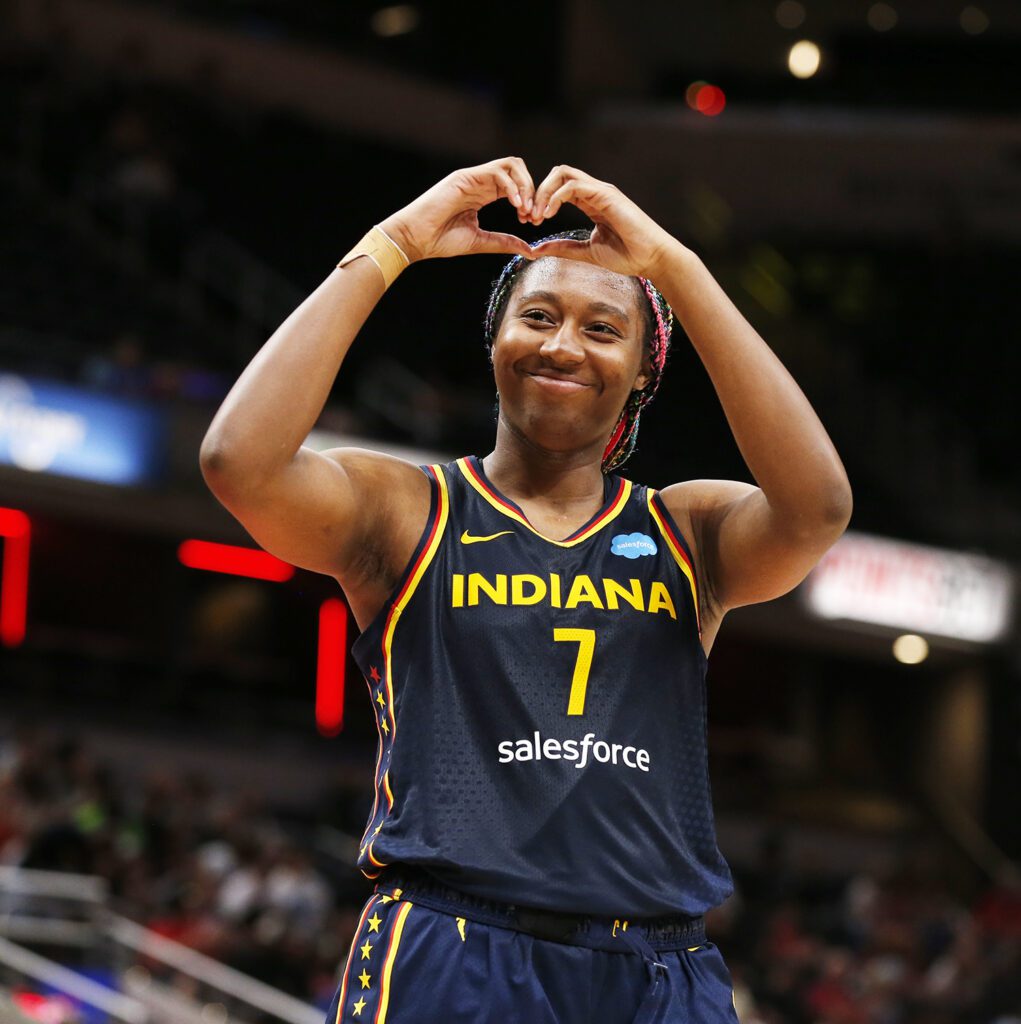 a photo Indiana Fever rookie center and 2023 all-star starter Aliyah Boston during a game against the Chicago Sky on July 2 at Gainbridge Fieldhouse.