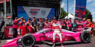 Kyle Kirkwood celebrates his victory at Nashville.