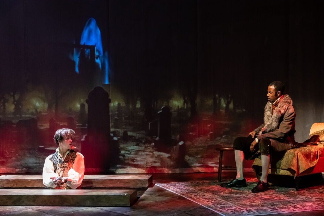 Ty Fanning, Andrea San Miguel, and Terry Bell in the IRT's 2023 production of Mary Shelley's Frankenstein. Photo by Zach Rosing.