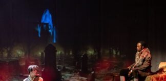 Ty Fanning, Andrea San Miguel, and Terry Bell in the IRT's 2023 production of Mary Shelley's Frankenstein. Photo by Zach Rosing.