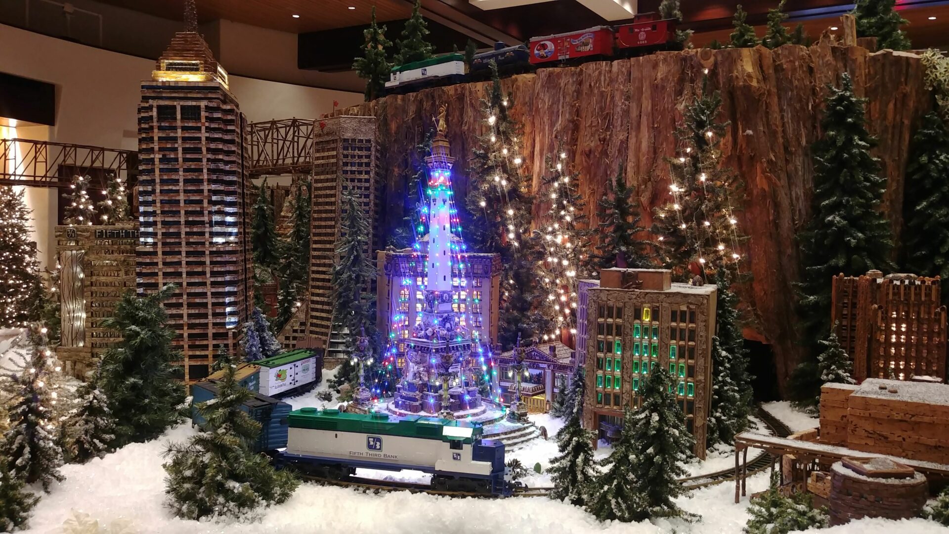 a closeup of the Jingle Rails attractions provided by Fifth Third Banks and Eiteljorg Museum