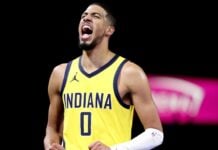 Indiana Pacers player Tyrese Haliburton screaming