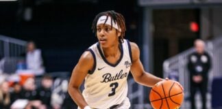 Butler women's basketball point guard Ari Wiggins, a Heritage Christian High School alum, scans the defense during their game against Providence on January 21, 2024. (Photo/David Dixon)