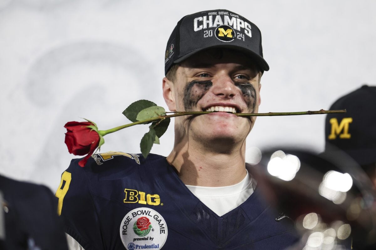 Michigan Wolverines quarterback J.J. McCarthy (9) following the Rose Bowl CFP NCAA semifinal college football game against Alabama, Monday, Jan. 1, 2024, in Pasadena, Calif. Michigan defeated Alabama in overtime, 27-20. (AP photo/Ben Liebenberg)
