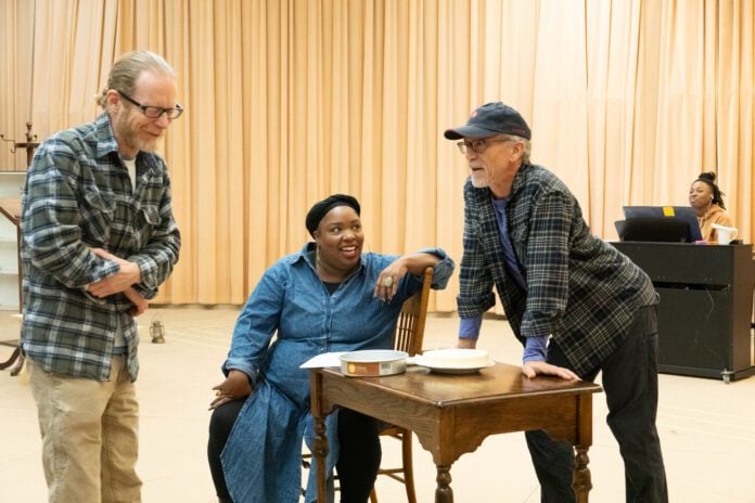 Nathan Garrison (stage manager), Maiesha McQueen (Fannie Lou Hamer), Henry D. Godinez (director), and Morgan E. Stevenson (musical director) in rehearsal for the IRT's 2024 production of “Fannie: The Music and Life of Fannie Lou Hamer.” (Photo/Noelani Langille)