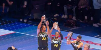 (Left to Right) Indiana Pacers forward Myles Turner (33), shooting guard Bennedict Mathurin (00) and point guard Tyrese Haliburton (0) after winning the 2024 Kia Skills Challenge, held at Lucas Oil Stadium in Downtown Indianapolis, Indiana during NBA All-Star Weekend February 17, 2024. (Photo/Walt Thomas)