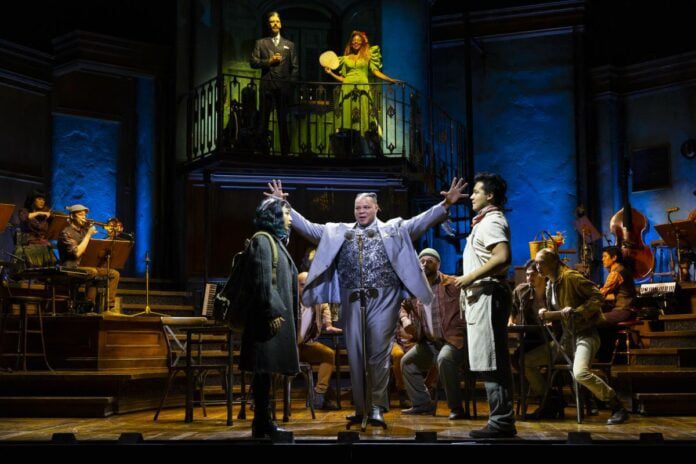 From top left, clockwise) Matthew Patrick Quinn, Lana Gordon, J. Antonio Rodriguez, Will Mann, Amaya Braganza and the company of "Hadestown" in the 2023 North American Tour. (Photo/T. Charles Erickson)
