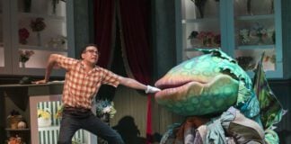 Dominique Allen Lawson and Rob Johansen (Audrey II, Manipulation) in the IRT's 2024 production of "Little Shop of Horrors." (Photo/Zach Rosing)
