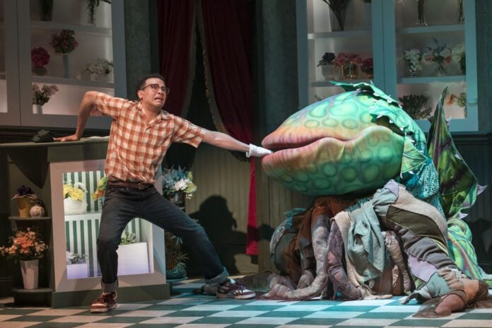 Dominique Allen Lawson and Rob Johansen (Audrey II, Manipulation) in the IRT's 2024 production of "Little Shop of Horrors." (Photo/Zach Rosing)