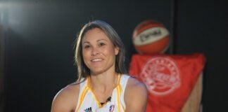 Indiana Fever guard Tully Bevilaqua smiles as she shoots a short video for Pacers Sports and Entertainment during the Fever's media day Tuesday May 11,2010 at Conseco Fieldhouse. (AP Photo/The Indianapolis Star, Matt Kryger via AP)