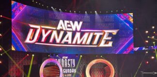 A photo of the AEW in-arena graphics (i.e. 'jumbotron') during the AEW Dynamite on April 17, 2024 at Indiana Farmers Coliseum. (Photo/Robert Clark)