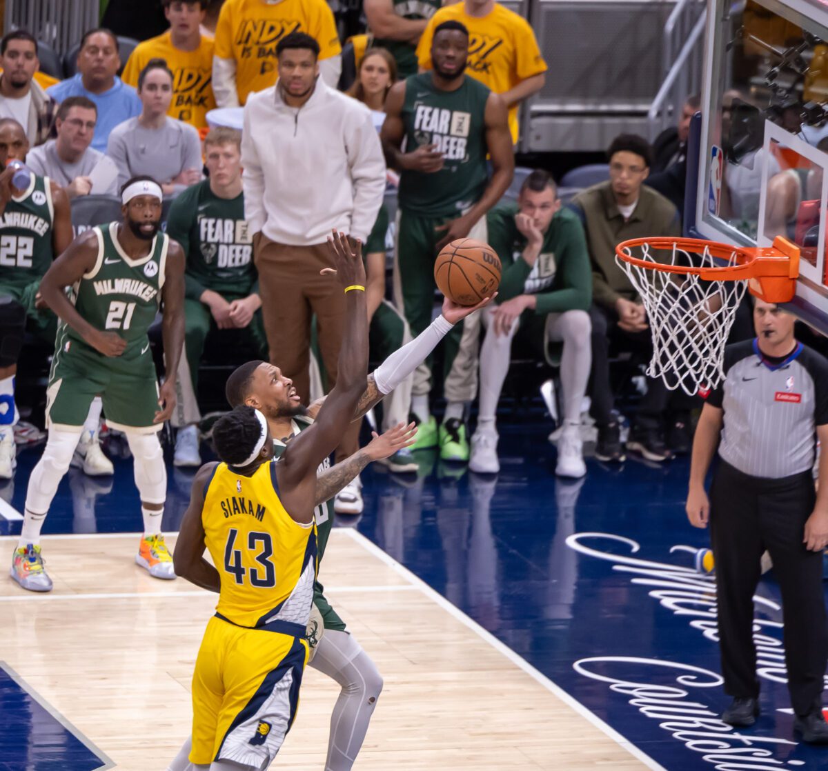 Game 3 between the Milwaukee Bucks and Indiana Pacers, first round of the 2024 NBA Playoffs, on April 26, 2024 at Gainbridge Fieldhouse in Downtown Indianapolis, Indiana. Photo was taken by Senior Sports Photographer Walt Thomas for the Indianapolis Recorder.