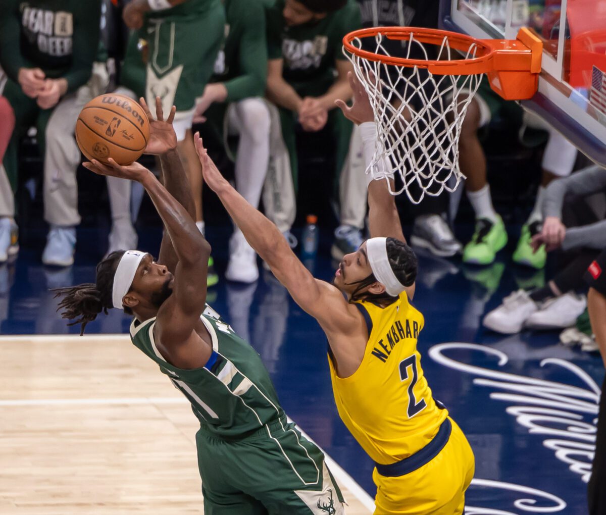 Game 4 of the first round in the Eastern Conference of the 2024 NBA Playoffs between the Milwaukee Bucks and the Indiana Pacers on April 28, 2024 at Gainbridge Fieldhouse in downtown Indianapolis, Indiana. Photo taken by senior sports photographer Walt Thomas