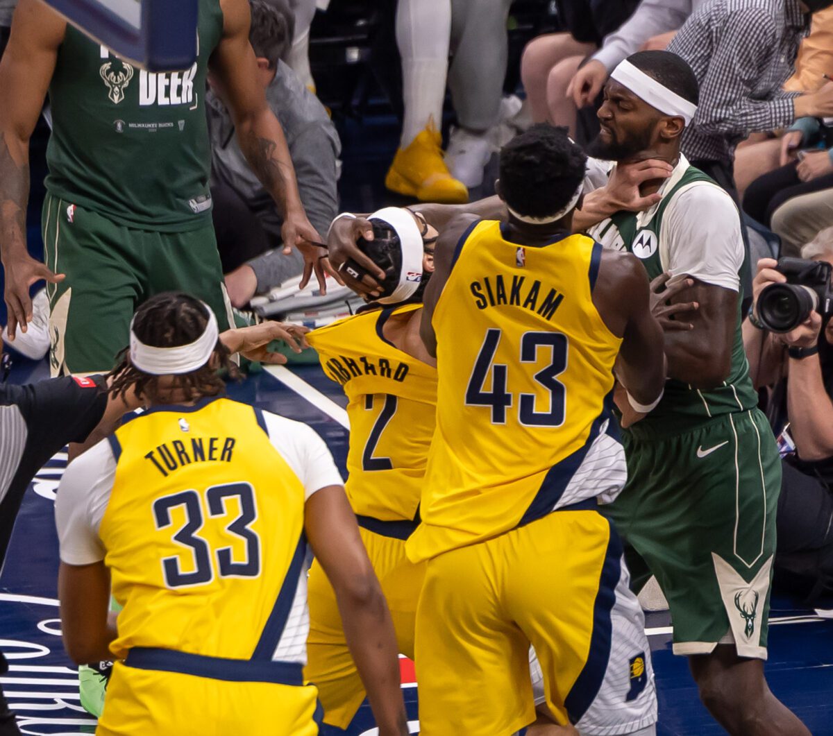 Game 4 of the first round in the Eastern Conference of the 2024 NBA Playoffs between the Milwaukee Bucks and the Indiana Pacers on April 28, 2024 at Gainbridge Fieldhouse in downtown Indianapolis, Indiana. Photo taken by senior sports photographer Walt Thomas