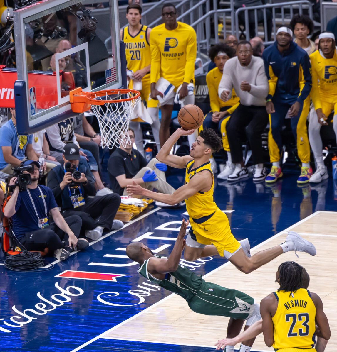 Game 4 of the first round in the Eastern Conference of the 2024 NBA Playoffs between the Milwaukee Bucks and the Indiana Pacers on April 28, 2024 at Gainbridge Fieldhouse in downtown Indianapolis, Indiana. Photo taken by senior sports photographer Walt Thomas