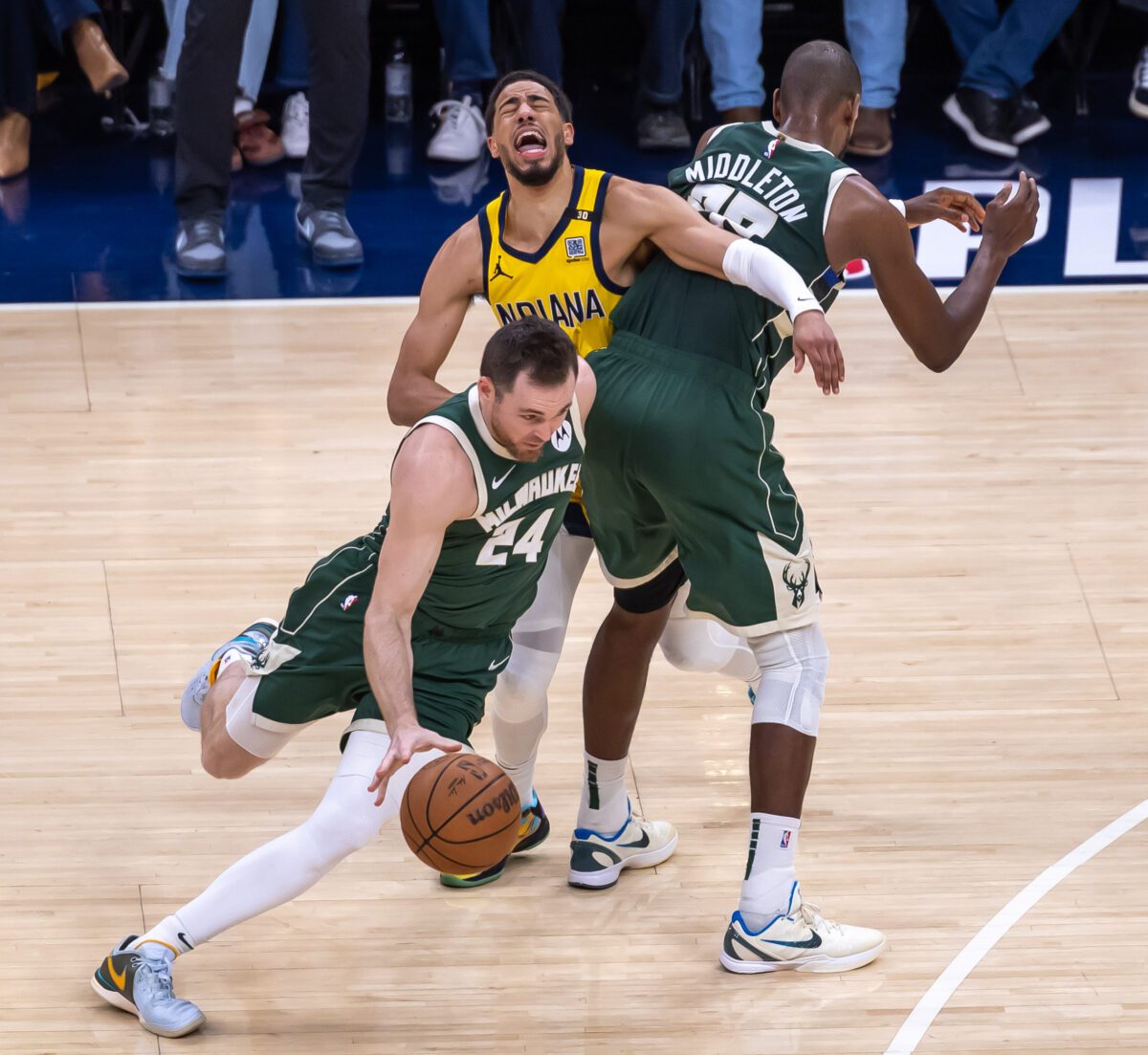 Game 4 of the first round in the Eastern Conference of the 2024 NBA Playoffs between the Milwaukee Bucks and the Indiana Pacers on April 28, 2024 at Gainbridge Fieldhouse in downtown Indianapolis, Indiana. Photo taken by senior sports photographer Walt Thomas