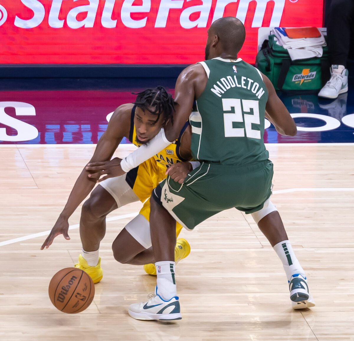 Game 4 of the first round in the Eastern Conference of the 2024 NBA Playoffs between the Milwaukee Bucks and the Indiana Pacers on April 28, 2024 at Gainbridge Fieldhouse in downtown Indianapolis, Indiana. Photo taken by senior sports photographer Walt Thomas