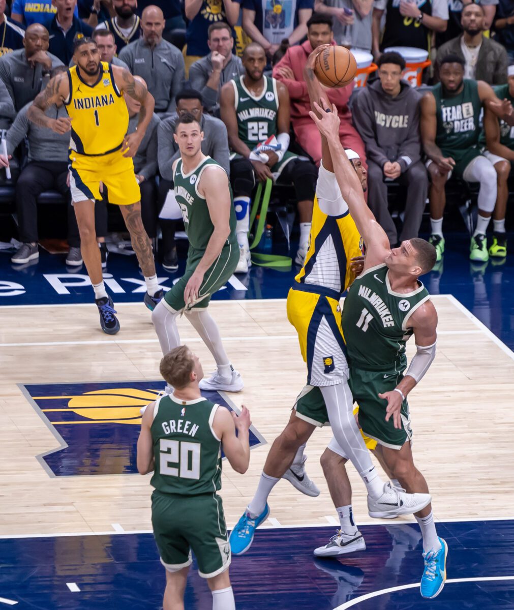 Game 4 of the first round in the Eastern Conference of the 2024 NBA Playoffs between the Milwaukee Bucks and the Indiana Pacers on April 28, 2024 at Gainbridge Fieldhouse in downtown Indianapolis, Indiana. Photo taken by senior sports photographer Walt Thomas