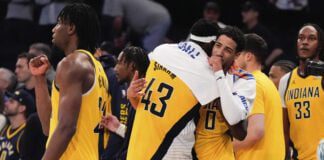 Indiana Pacers forward Pascal Siakam (43) and guard Tyrese Haliburton (0) celebrate following Game 7 in an NBA basketball second-round playoff series against the New York Knicks, Sunday, May 19, 2024, in New York. (AP Photo/Julia Nikhinson)