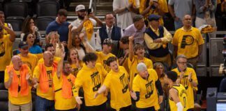 Milwaukee Bucks versus Indiana Pacers in Game 6 of the first-round of the 2024 NBA Playoffs on May 2, 2024 at Gainbridge Fieldhouse in downtown Indianapolis, Indiana. Photo taken by Walt Thomas.