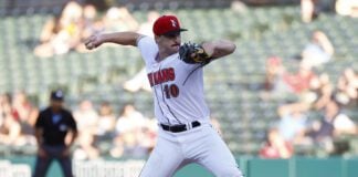 Buffalo Bisons at Indianapolis Indians on April 30, 2024 at Victory Field in downtown Indianapolis, Indiana. Photo taken by Senior sports photographer Jeff Brown. Indians pitcher Paul Skenes is pictured throwing a baseball.