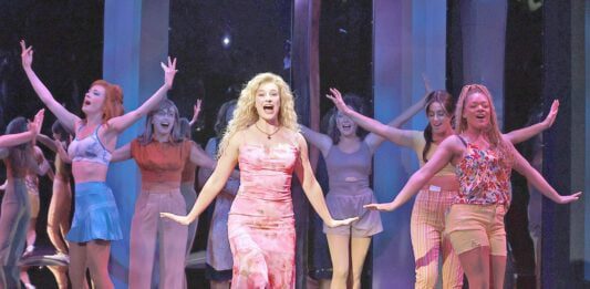A woman in pink as dancers surround her