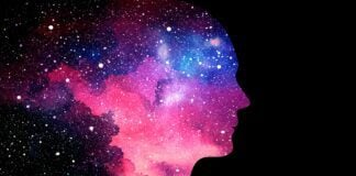Vector illustration of human head on starry space background. Artificial intelligence or cosmic consciousness concept