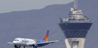 Allegiant Air plane in the air.