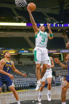 Maine Celtics J.D. Davis during an NBA G League Basketball Game making a layup against the Indiana Mad Ants.