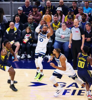 Minnesota Timberwolves point guard Mike Conley, an Indiana basketball legend, during the NBA game against the Indaiana Pacers, on March 24, 2025, at Gainbridge Fieldhouse, in downtown Indianapolis, Indiana. (Photo/David Dixon)