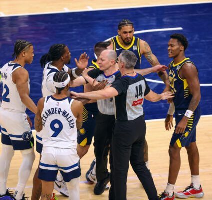 Members of the Indiana Pacers and Minnesota Timbervoles during their NBA game on March 24, 2025, at Gainbridge Fieldhouse, in downtown Indianapolis, Indiana. (Photo/David Dixon)