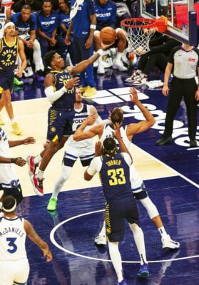 Indiana Pacers forward Bennedict Mathurin (00) goes up strong during the NBA game against the Minnesota Timberwolves, on March 24, 2025, at Gainbridge Fieldhouse, in downtown Indianapolis, Indiana. (Photo/David Dixon)