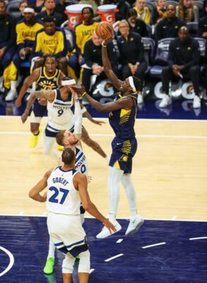 Indiana Pacers forward Pascal Siakam (42) goes up strong during the NBA game against the Minnesota Timberwolves on March 24, 2025 at Gainbridge Fieldhouse in downtown Indianapolis, Indiana. (Photo/David Dixon)