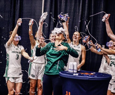 Green Bay celebrates after defeating Purdue Fort Wayne for the 2025 Barbasol Horizon League Women's Basketball Tournament on March 11, 2025 in Indianapolis, Indiana. (Photo/David Dixon)