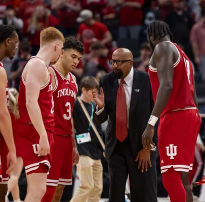 Indiana University (IU) head coach Mike Woodson talking with players during the Big Ten Tournament.