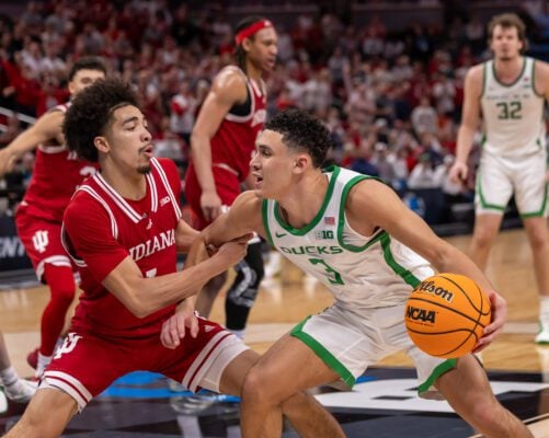Oregon Jackson Shelstad (3) during the basketball game against the Indiana University Hoosiers, in the 2025 Big Ten Men's Basketball Tournament, on March 13, 2025 at Gainbridge Fieldhouse, in downtown Indianapolis, Indiana. (Photo/Walt Thomas)