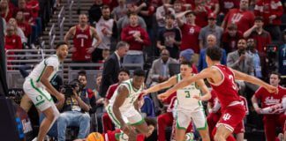 A Scene from the matchup between Indiana University and University of Oregon in the 2025 TIAA Big Ten Men's Basketball Tournament, on March 13, 2025, at Gainbridge Fieldhouse, in downtown Indianapolis, Indiana. (Photo/Walt Thomas)