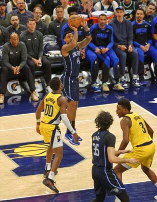 Orlando Magic guard Gary Harris Jr., an Indianapolis native, during the last home game for the Indiana Pacers of the 2024-25NBA Regular Season, on April 11, 2025, at Gainbridge Fieldhouse, in downtown Indianapolis, Indiana. (Photo/David Dixon)