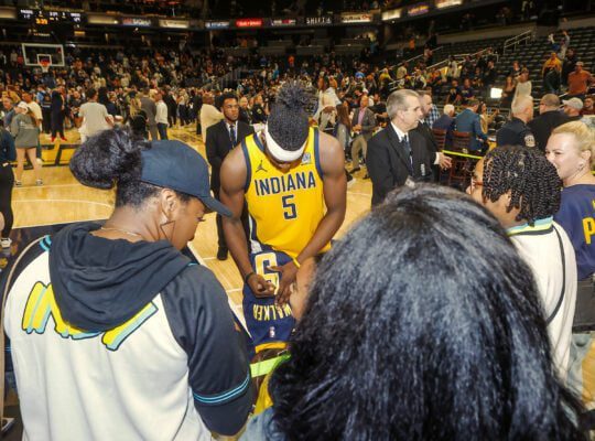 Indiana Pacers forward Jerace Walker signing autographs for fans after the final home game of the 2024-25 NBA regular season on April 11, 2025 at Gainbridge Fieldhouse in downtown Indianapolis, Indiana. (Photo/David Dixon)