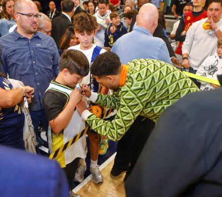 Indiana Pacers point guard Tyrese Haliburton signing autographs for fans after the final home game of the 2024-25 NBA regular season on April 11, 2025 at Gainbridge Fieldhouse in downtown Indianapolis, Indiana. (Photo/David Dixon)