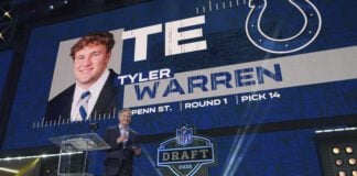 Tyler Warren and Roger Goddell during the 2025 NFL Draft.