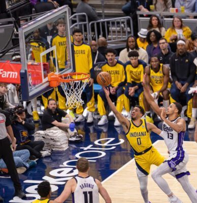 Indiana Pacers point guard Tyrese Haliburton (0) during the NBA game on March 31, 2025 at Gainbridge Fieldhouse, in downtown Indianapolis, Indiana. (Photo/Walt Thomas)