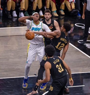 Indiana Pacers forward Myles Turner (33) during the NBA game between the Indiana Pacers and Cleveland Cavaliers on April 10, 2025, at Gainbridge Fieldhouse, in downtown Indianapolis, Indiana. (Photo/Walt Thomas)