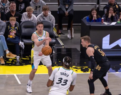 Indiana Pacers point guard T.J. McConnell (9) during the NBA game between the Indiana Pacers and Cleveland Cavaliers on April 10, 2025, at Gainbridge Fieldhouse, in downtown Indianapolis, Indiana. (Photo/Walt Thomas)