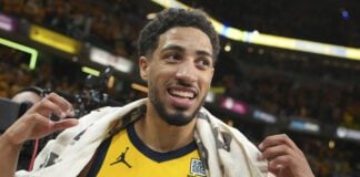 Tyrese Haliburton after the NBA Eastern Conference Finals 2025 Game 4 match against the New York Knicks